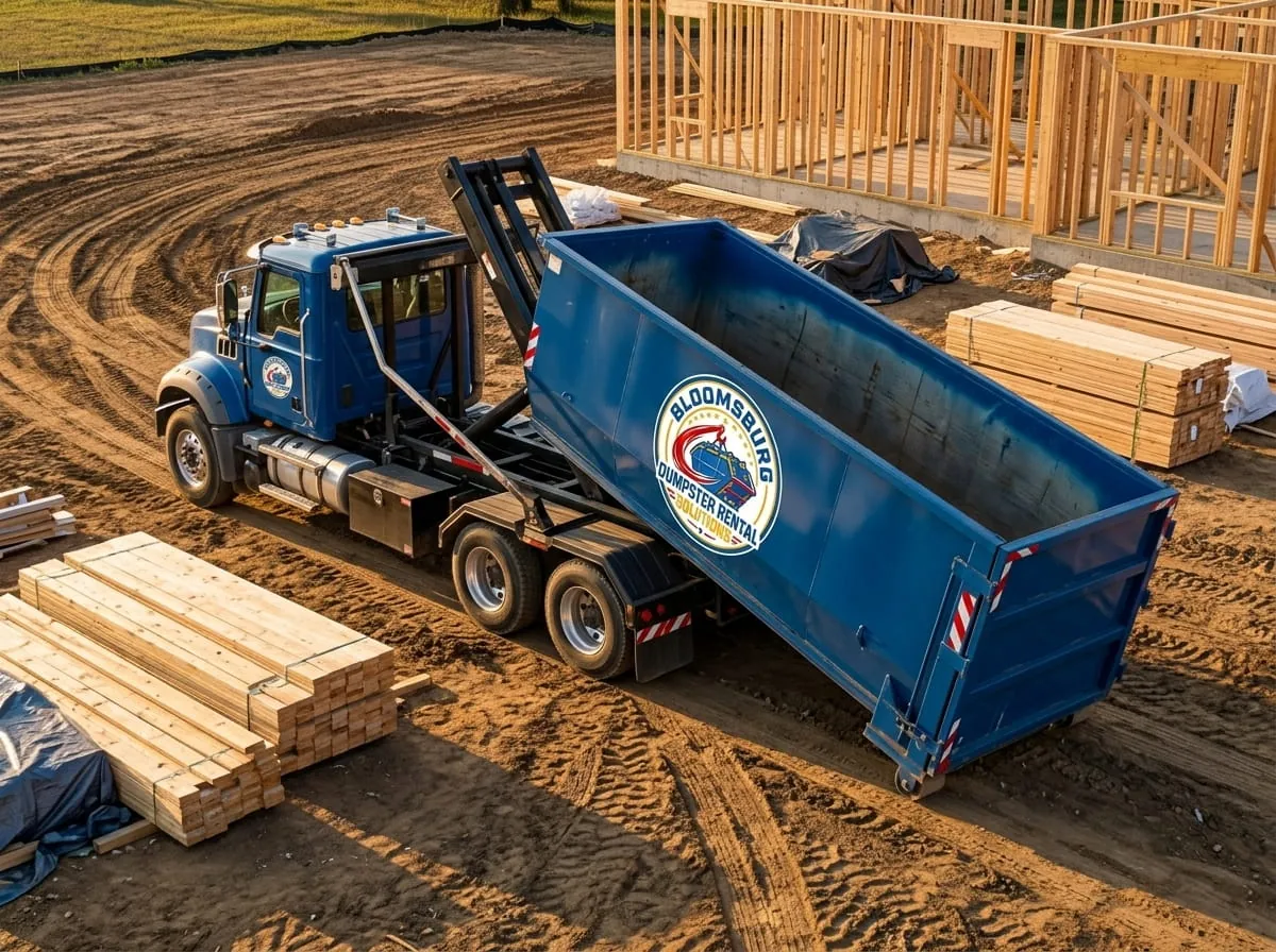 Bloomsburg Dumpster Rental Solutions team member beside a roll-off dumpster in Bloomsburg, PA