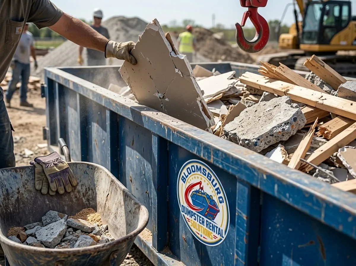 Worker beside a commercial roll-off dumpster from Bloomsburg Dumpster Rental Solutions in Bloomsburg, PA