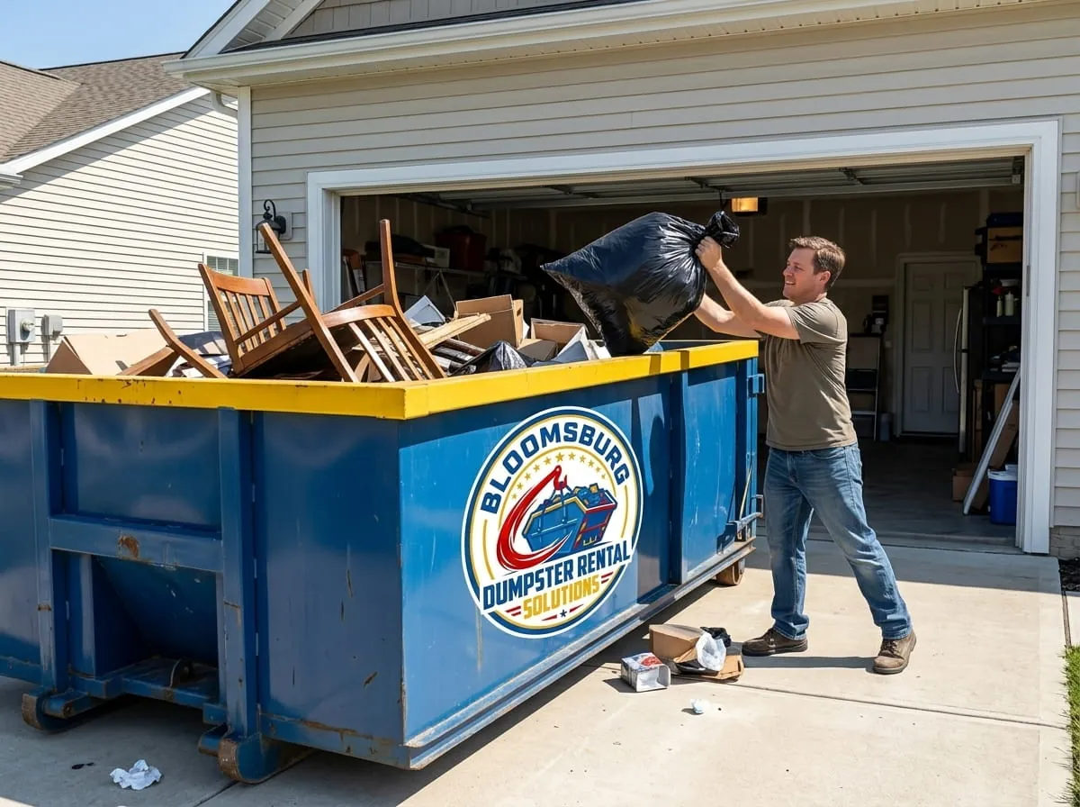 Roofing dumpster rental in Bloomsburg, PA Roll-off dumpster on a driveway ready for a roofing tear-off in Bloomsburg, PA
