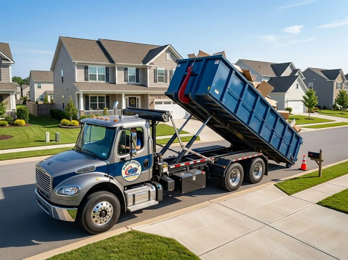 Roll-off construction dumpster being loaded onto a Bloomsburg Dumpster Rental Solutions truck